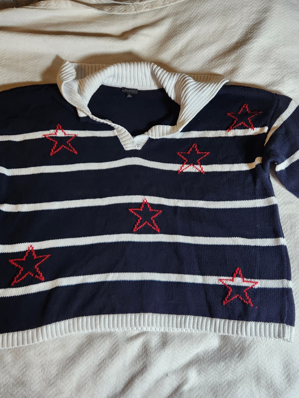 Talbots Star Johnny Collar Navy Striped Sweater with Red Star Embroidery